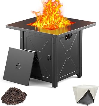 Xbeauty Propane Fire Pit Table, 28" Outdoor Gas Fire Pit Table, 40,000 BTU Auto-Ignition Fire Tables with Lid, Rain Cover and 3 Pounds Lava Stones for Outside Garden Backyard Deck Patio Square