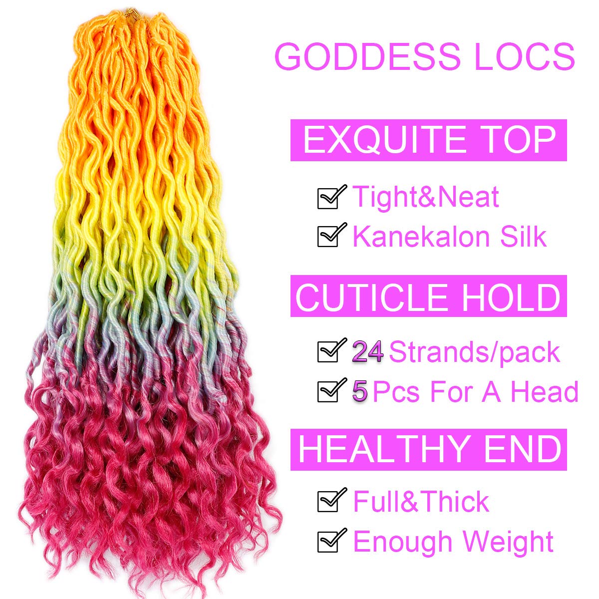 5Pack Rainbow Wavy Faux Locs Braids Crochet Hair 20inch Goddess Locs with Curly Ends Synthetic Crochet Twist Braiding Hair Extensions (Rainbow#,500g/Lot)