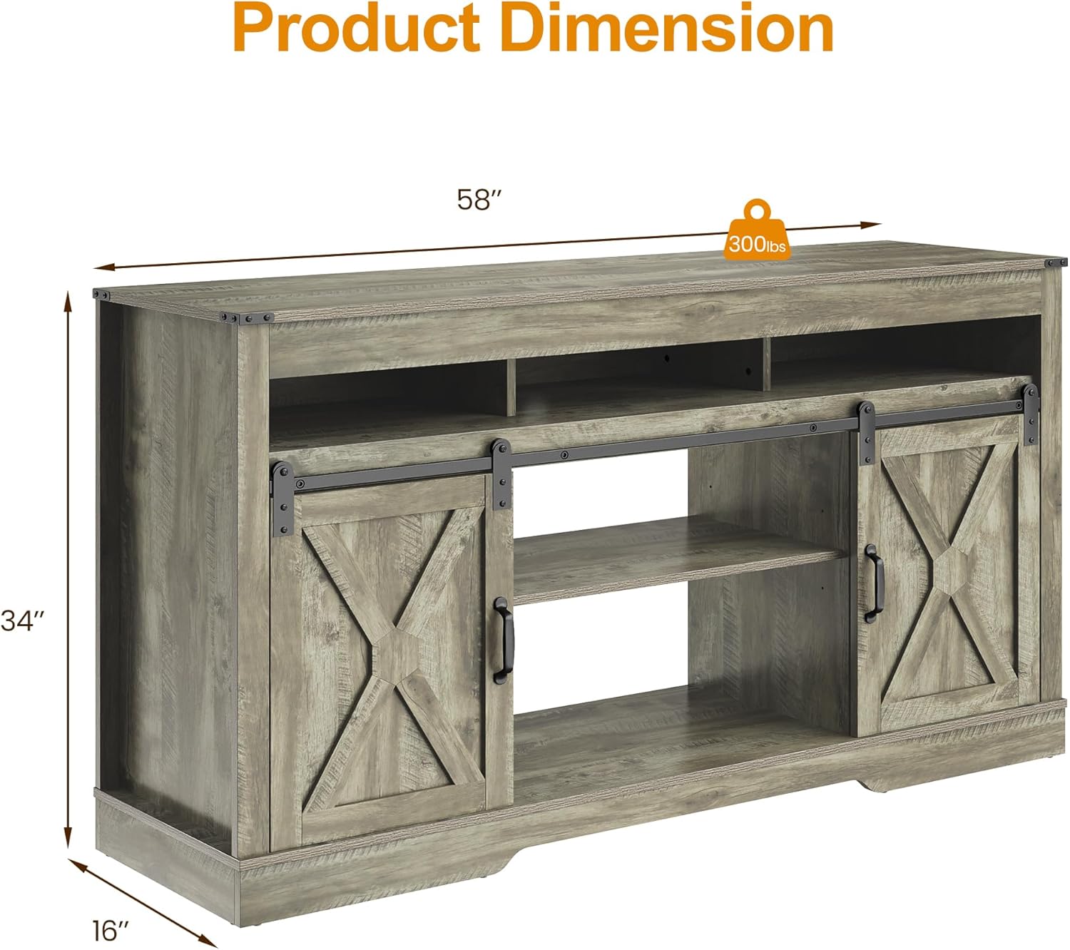 Diagram showing the dimensions of the RoyalCraft TV Stand: 58 inches wide, 34 inches high, and 16 inches deep, with a 300lb weight capacity indicated.