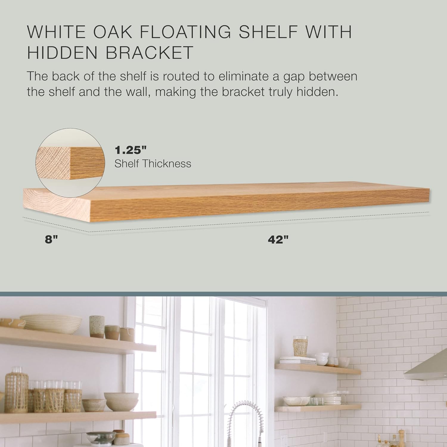 UltraShelf Solid Wood Floating Shelf for Wall Decor, White Oak, 42" Long x 8" Deep