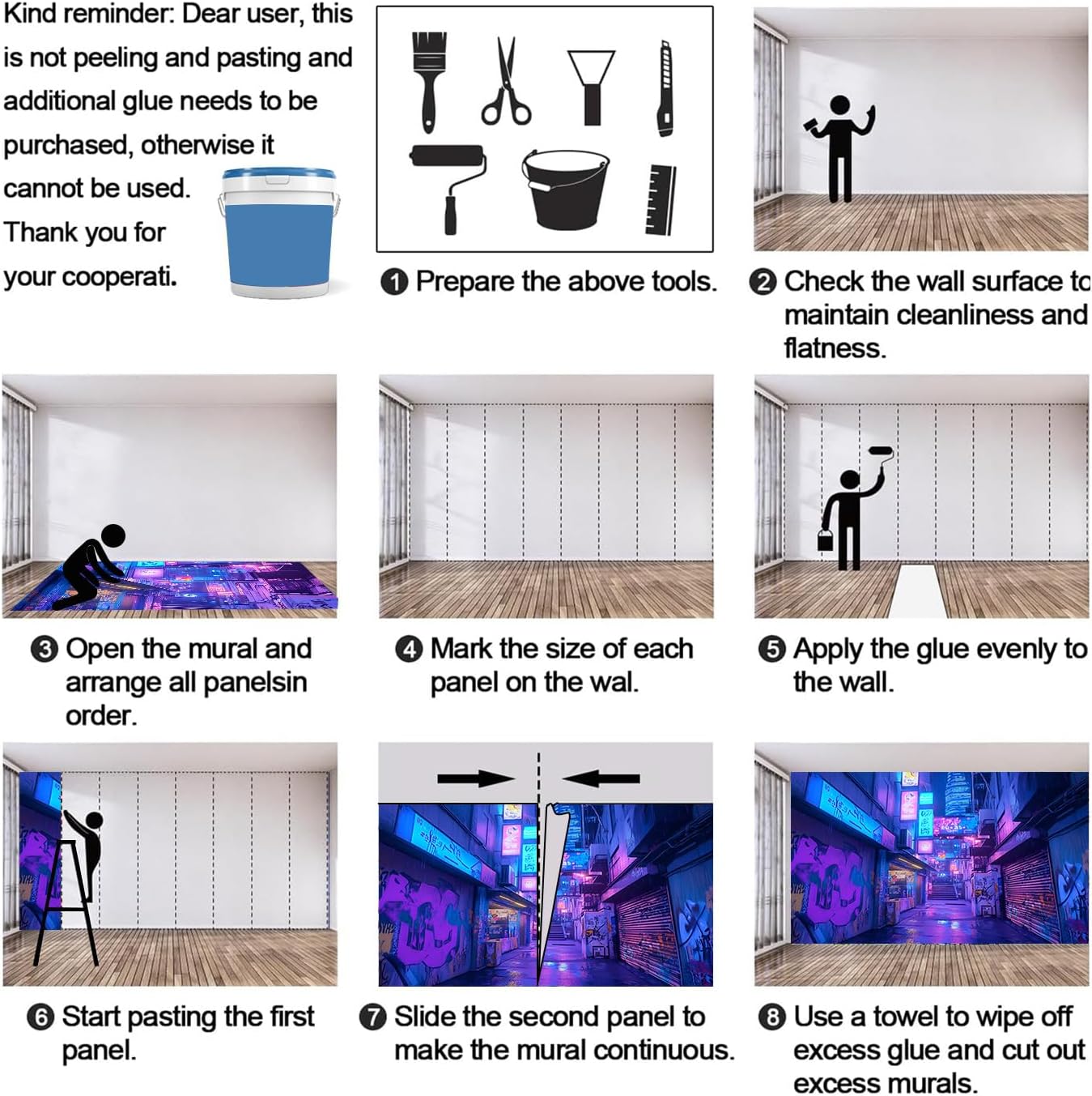Cyber Alleys Mural, Neon Lights Wallpaper - Purple and Blue Home Decor, Graffiti Wall Mural, Future Retro Wall Murals for Living Room Bedroom TV Background (Non-self-Adhesive)