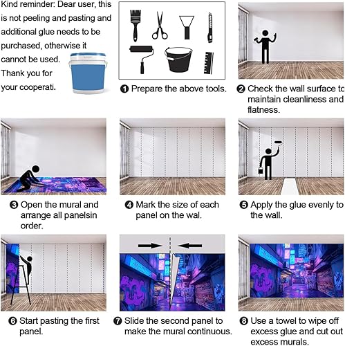 Miniatura 7 de Mural de Cyber Alleys, papel tapiz de luces de neón, decoración del hogar morado y azul, mural de pared de graffiti, murales de pared retro futuros