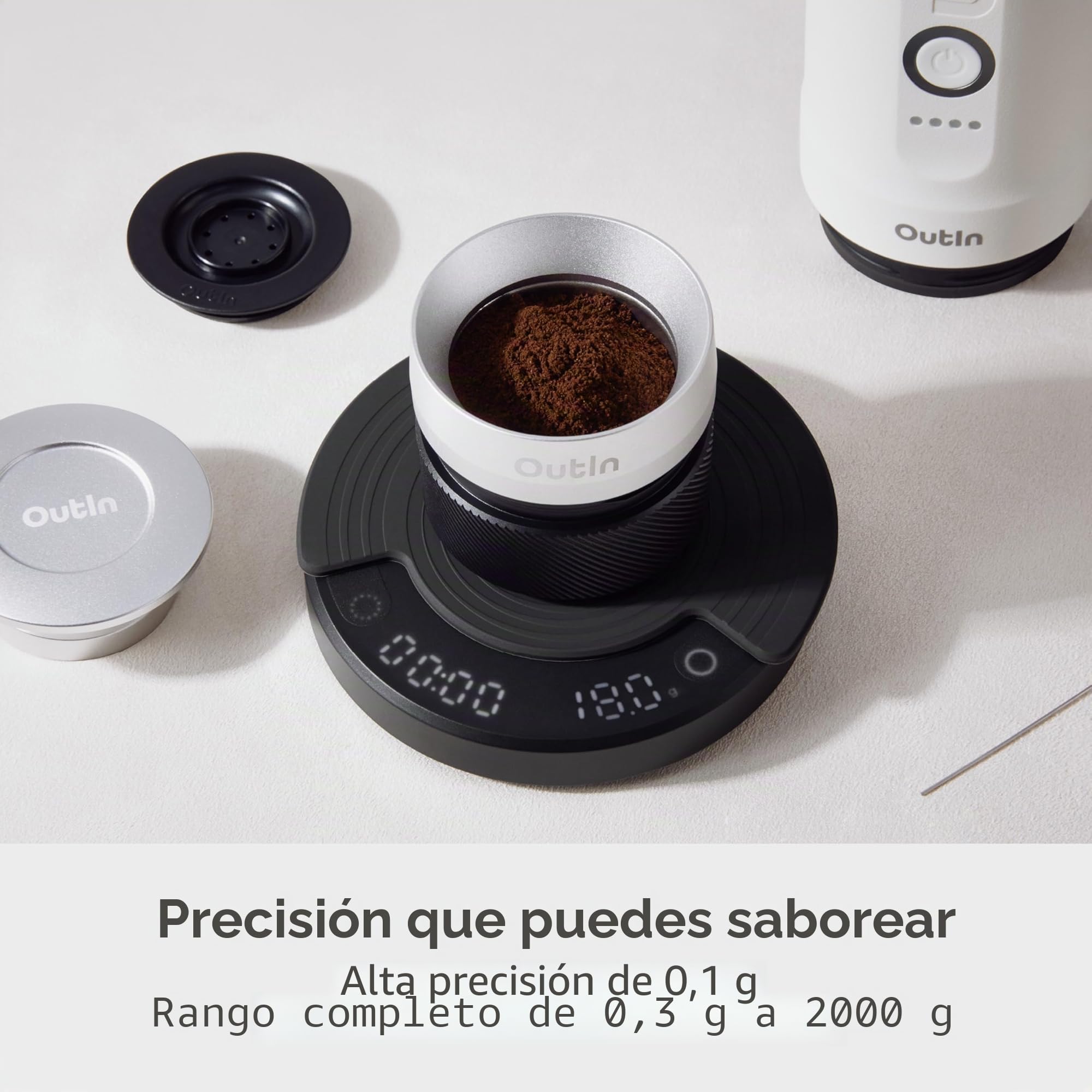 OutIn Claro Báscula Portátil para Café, Medición 2 kg/0,1 g de Alta Precisión, Modo Pour Over con Temporizador, Recargable con Bolsa Protectora