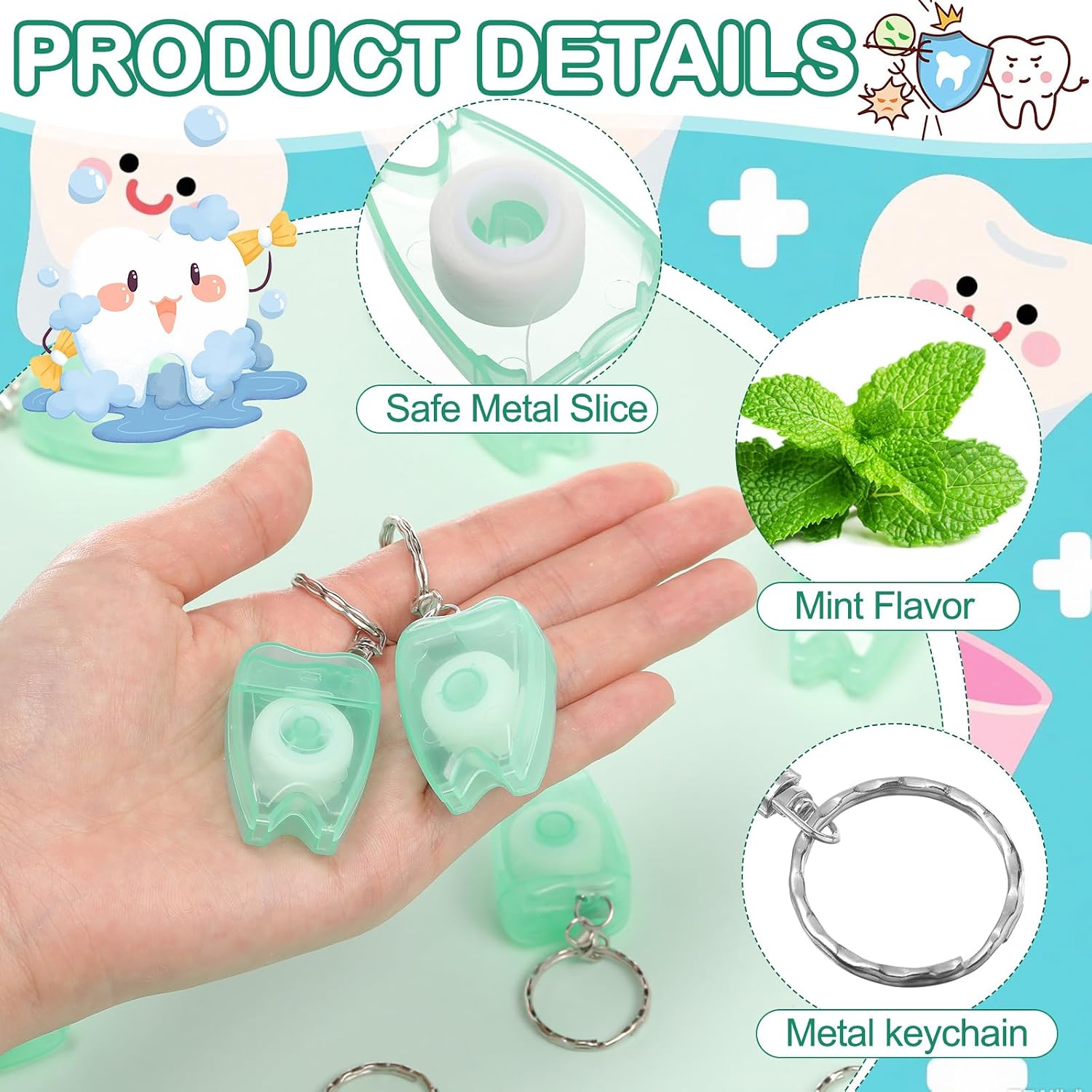 Landical 50 Pcs Mini Dental Floss Keychain Bulk Tooth Shaped Portable Floss Cleaning for Travel Homeless Donated Gifts Teeth Cleaning Oral Care 15 M /16.4 Yard (Mint Green)