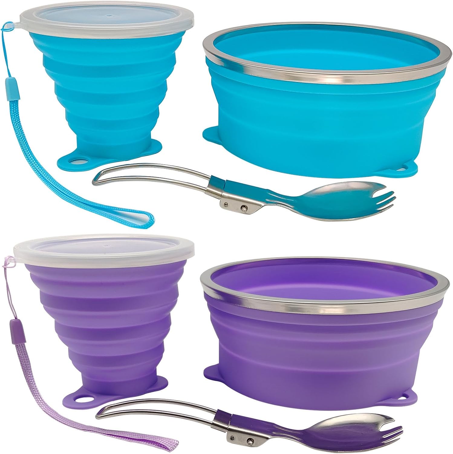 Mess Kit for Camping Silicone Collapsible Bowl Collapsible Cup and Stainless Steel Spoon for Backpacking Outdoor Hiking Traveling and Picnic - 2 Pack