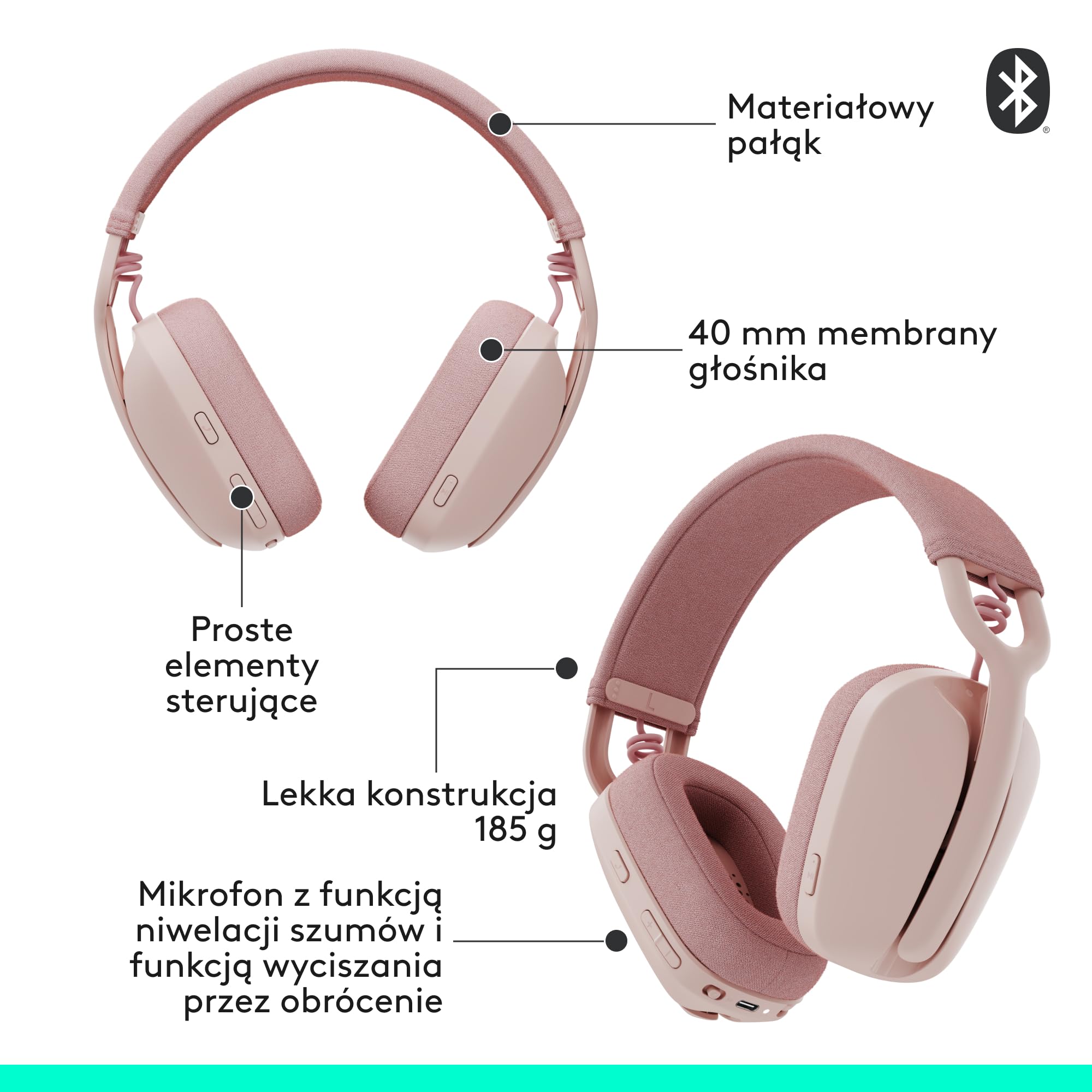 Logitech Zone Vibe 100 Lekkie bezprzewodowe słuchawki nauszne z mikrofonem z redukcją szumów, Zestaw słuchawkowy Bluetooth, dla Teams, Google Meet, Zoom i Mac/PC - Różowy
