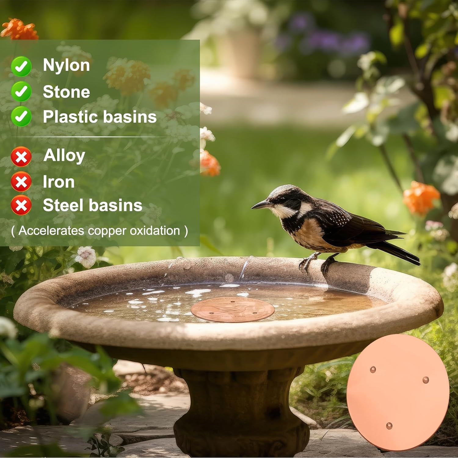 4 PCS Bird Bath Copper Disk Rainproof 99.9% Pure Copper Water Purification Disk with Triple-Point Support for Outdoor Birdbath & Bowl, All-Season Use Safe
