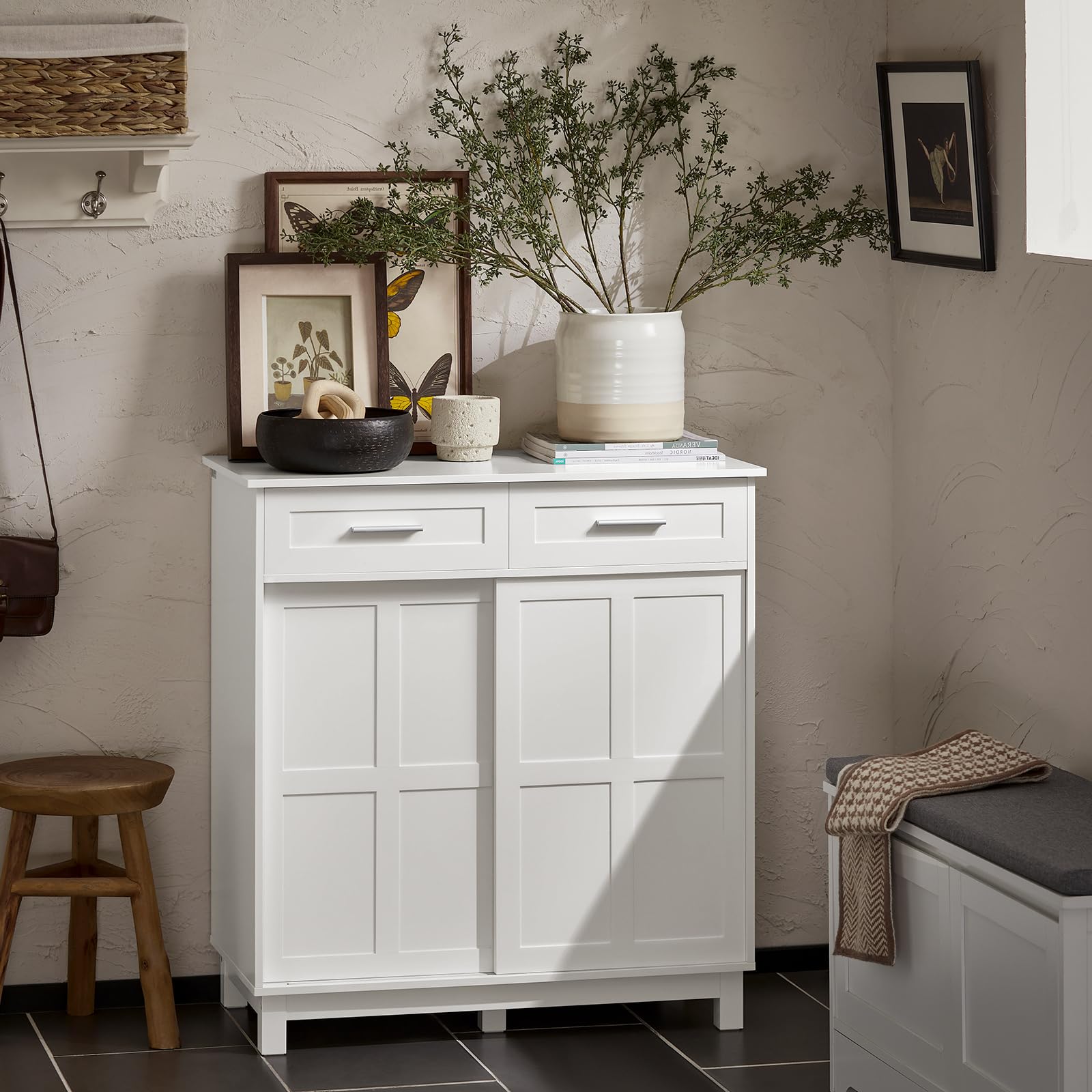 SoBuy Credenza con ante scorrevoli, Mobile da cucina, Armadio da soggiorno, Buffet Bianco 80x40x85cm FSB84-W