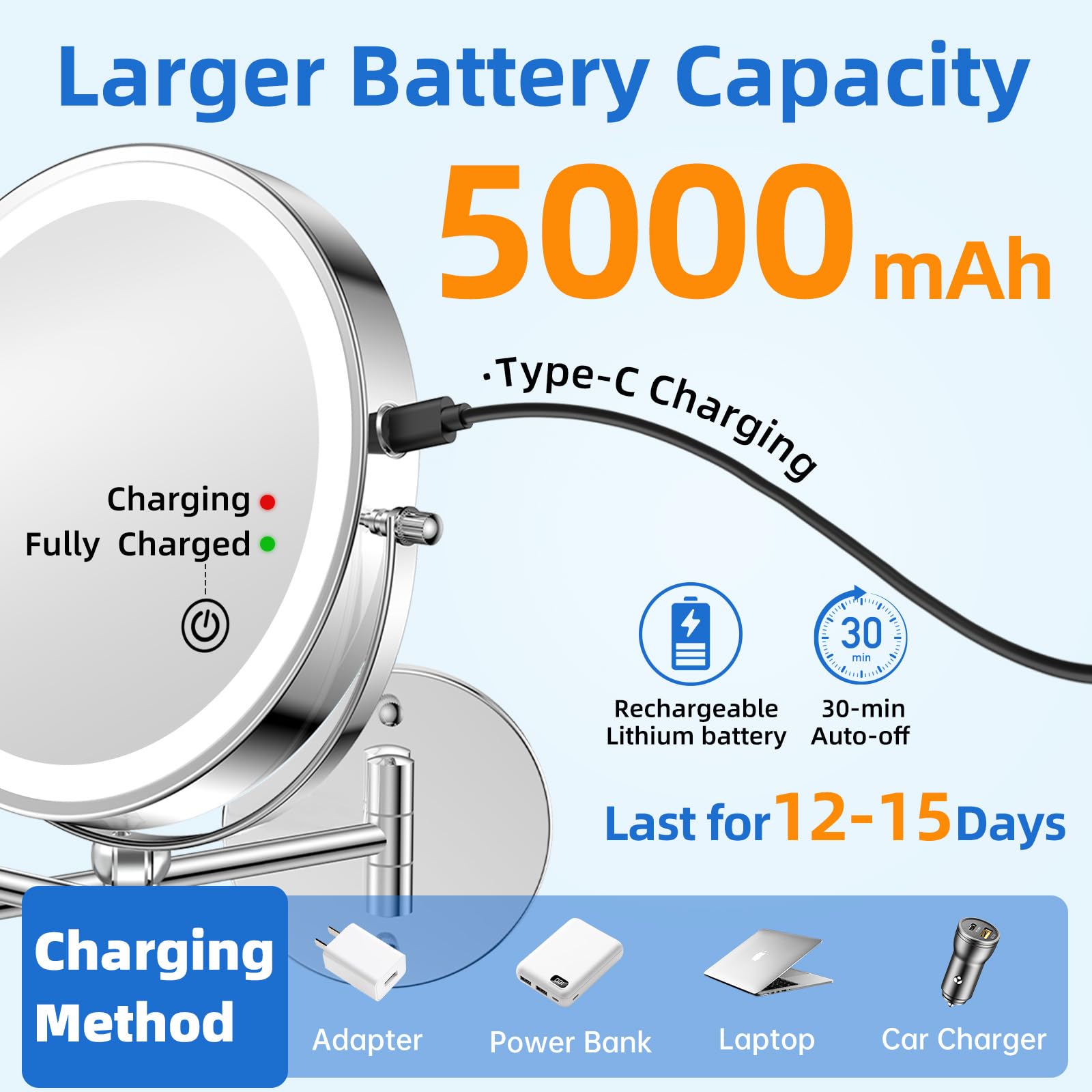 FUNTOUCH 9 Zoll 5000mAh Wiederaufladbar Kosmetikspiegel mit 1X/ 30X Vergrößerung, Dimmbarer Rasierspiegel 3 Farben, Höhenverstellbar Schminkspiegel, 360° Drehbar, Wandspiegel für Badezimmer und Hotel