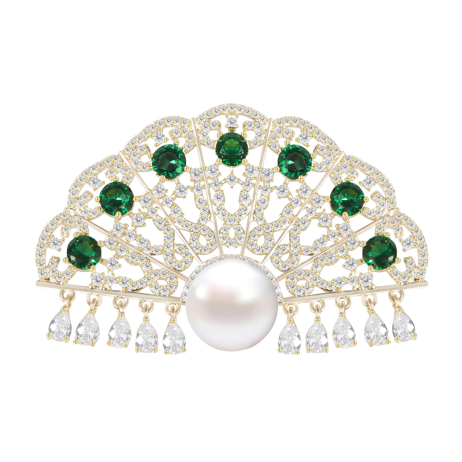 Broches para Mujer, Estilo clásico de Abanico, con circonita cúbica y Perla. Broche de Solapa de Seguridad.