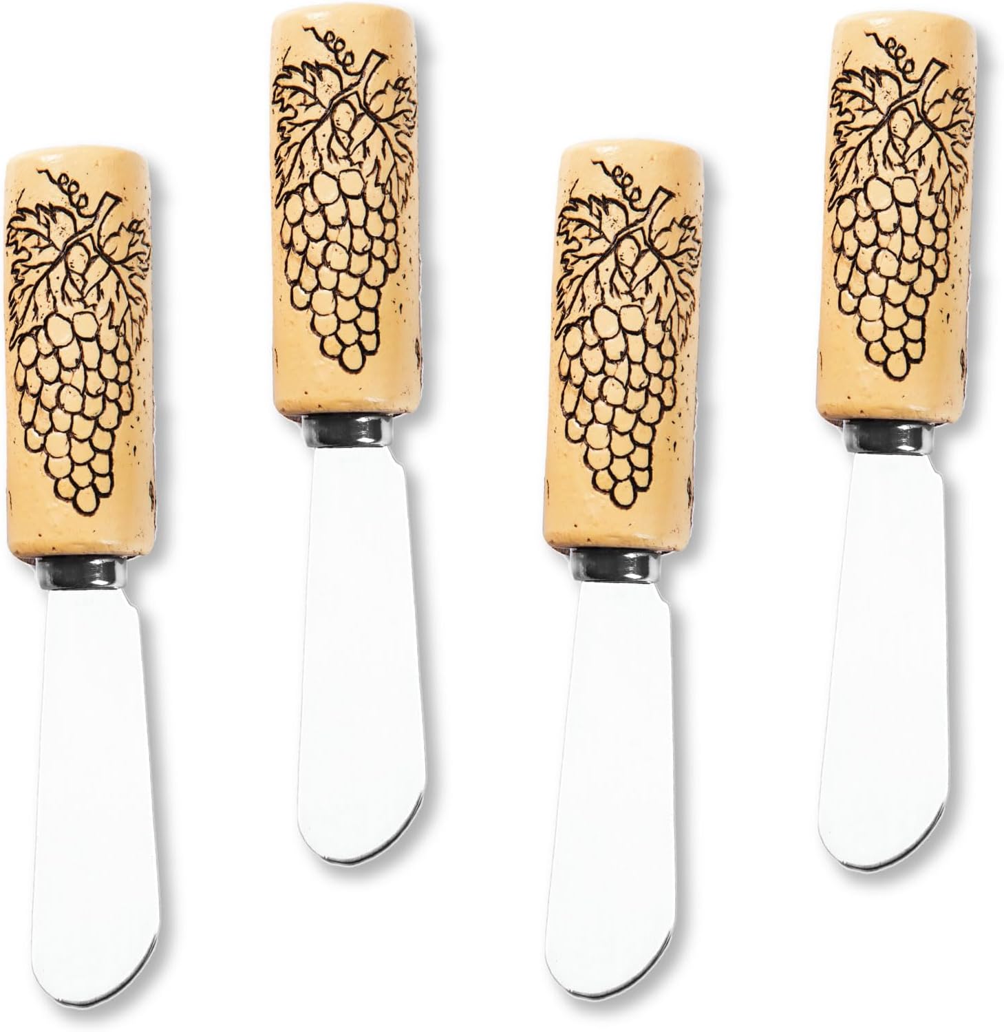 Cheese and Butter Spreader Knives 4-Piece Hand Painted Resin Handle with Stainless Steel Blade Multipurpose Cheese Spreader set (Grape Wine Cork) Cheese and Butter Spreader Knives 4-Piece Hand Painted Resin Handle with Stainless Steel Blade Multipurpose Cheese Spreader set (Grape Wine Cork)