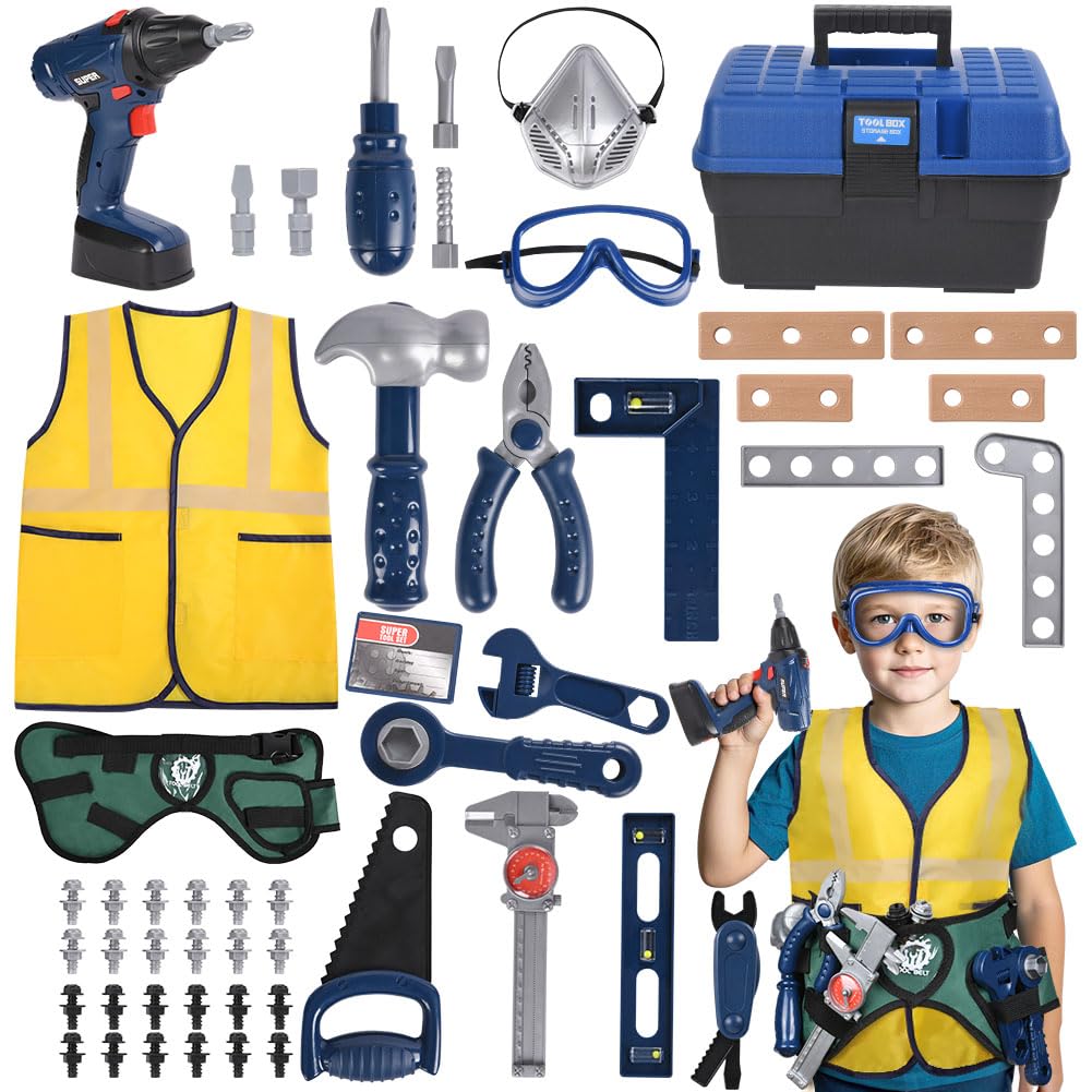 HOTUT Herramientas de Juguete para Niños, 53 Piezas Juego de construcción de Herramientas Juguete, Herramientas y Accesorios Construcción con Taladro Eléctrico Juguete y Chaleco para 3+ Niños Niñas
