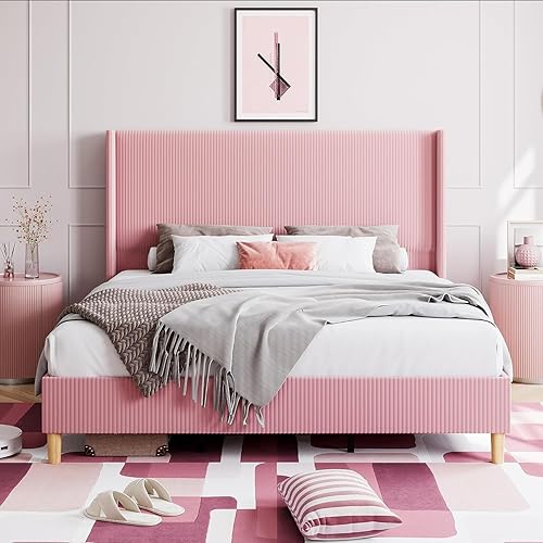 GarveeHome Queen Size Bed Frame, Upholstered Platform Velvet Bed Frame with Vertical Channel Tufted Wingback Headboard, Strong Wooden Slats, No Box Spring Needed, Easy Assembly, Pink