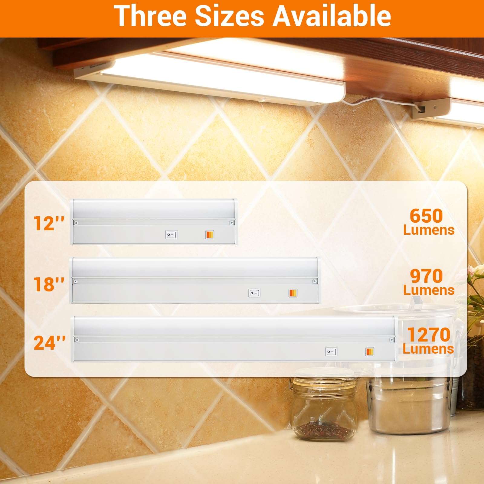 Dawnrise - Luce sotto armadio da 45,7 cm, collegabile, 970 lumen, 3 colori selezionabili, luminosità regolabile, sotto le luci da banco per cucina, superficie ampia e luminosa,