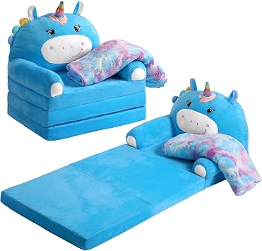 Couch, 2-in-1 Fold Out Sofa, Flip-Out Foam Chair with Cozy Flannel Blanket, Soft Plush Sofa for Reading, Playroom and BedroomBlue Unicorn