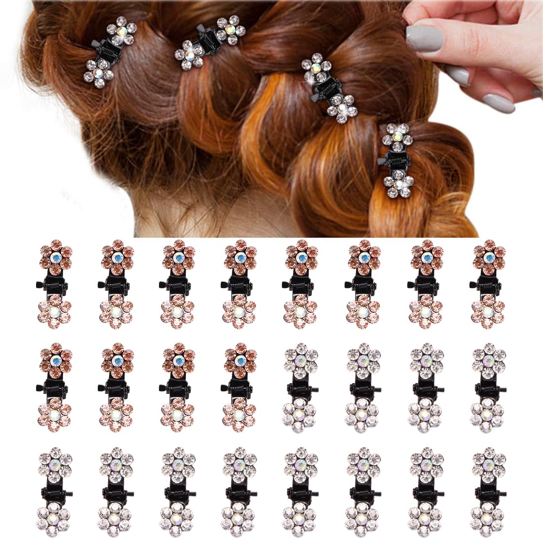 PLABBDPL 24 piezas pinzas para el cabello con diamantes imitación,mini pinzas para el cabello,pinza para el cabello de cristal,accesorios para el cabello,tocado para mujeres y niñas (blanco y champán)