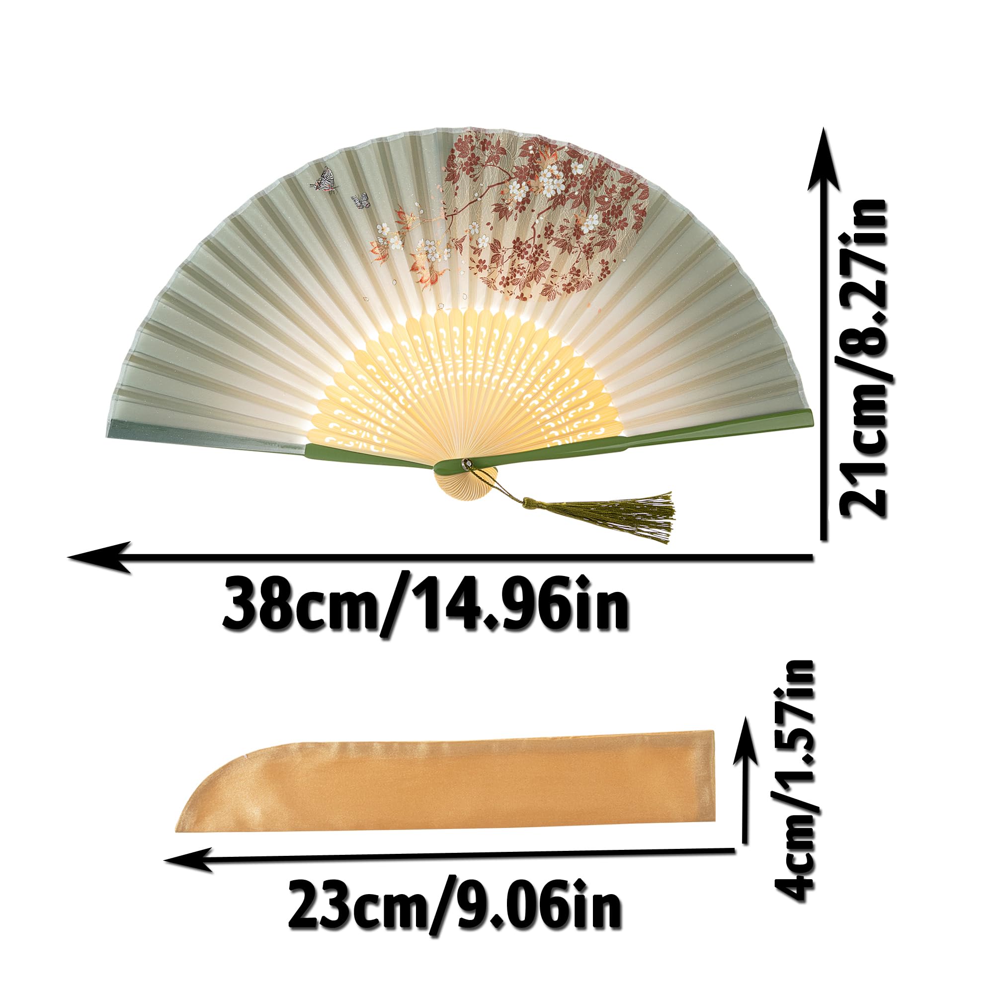 Salutto Hand Fan Bamboo Printed Pattern Folding Fan Lacquered Bamboo Fan For Party Wedding Gift With tassel and fan cover Globe Flower green