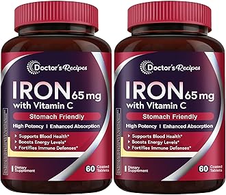 Doctor's Recipes Iron Supplement 65 mg with Vitamin C - Maximized Absorption & Stomach Friendly Iron Pills for Red Blood Cells Formation, Heart, Brain & Immunity Health - Vegan 120 Iron Tabs (2 Pack)