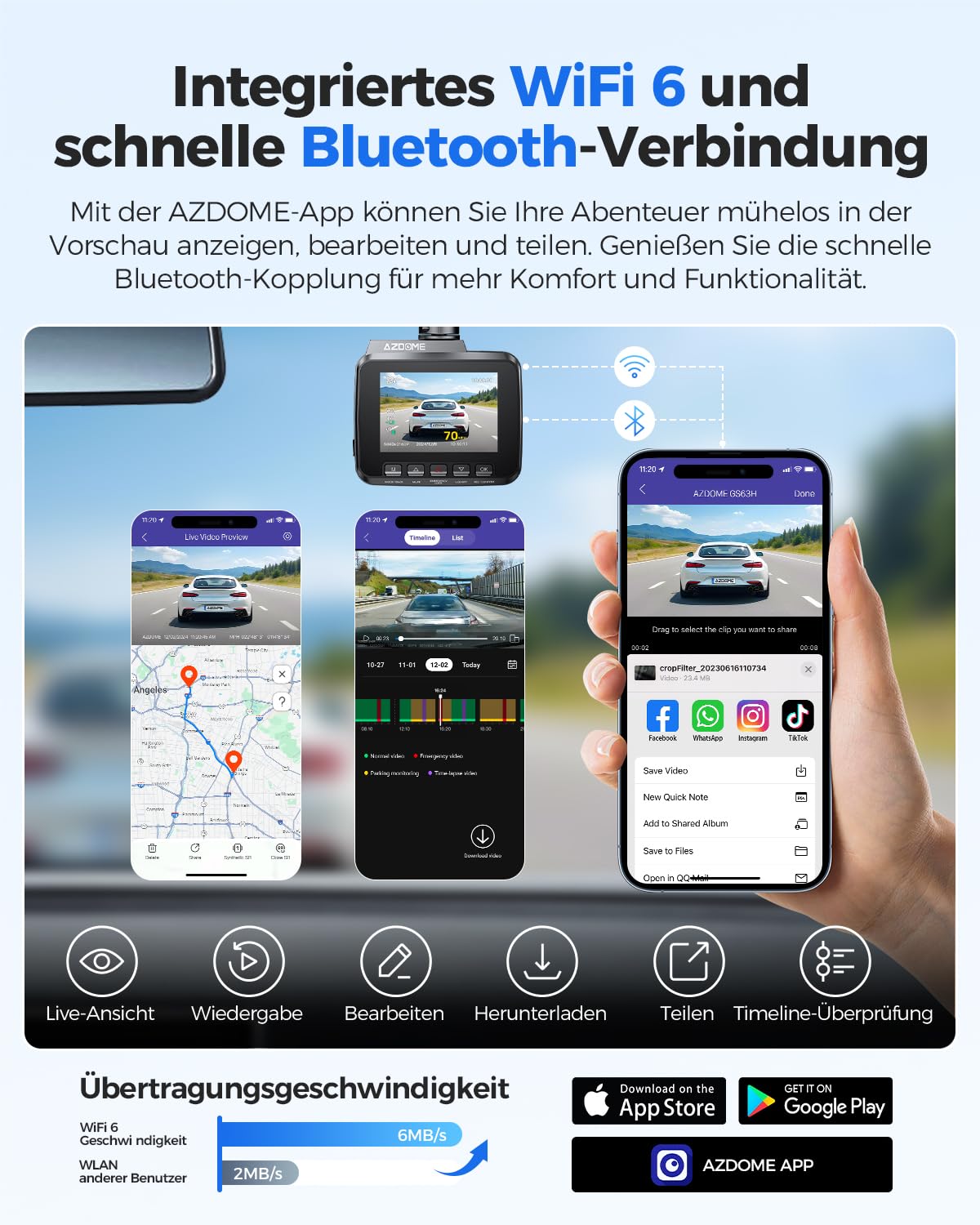 AZDOME Dashcam 4K Auto Kamera mit GPS WiFi Nachtsicht 170° Weitwinkel WDR 2,4" IPS Parküberwachung