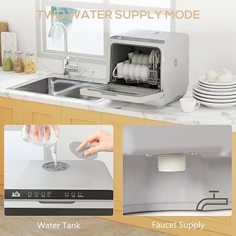 Portable Mini Dishwasher with 6L Water Tank, 6 Programs, Touch Control, LED Display, Dual Water Supply, Fruit Wash Mode, 4 Place Settings