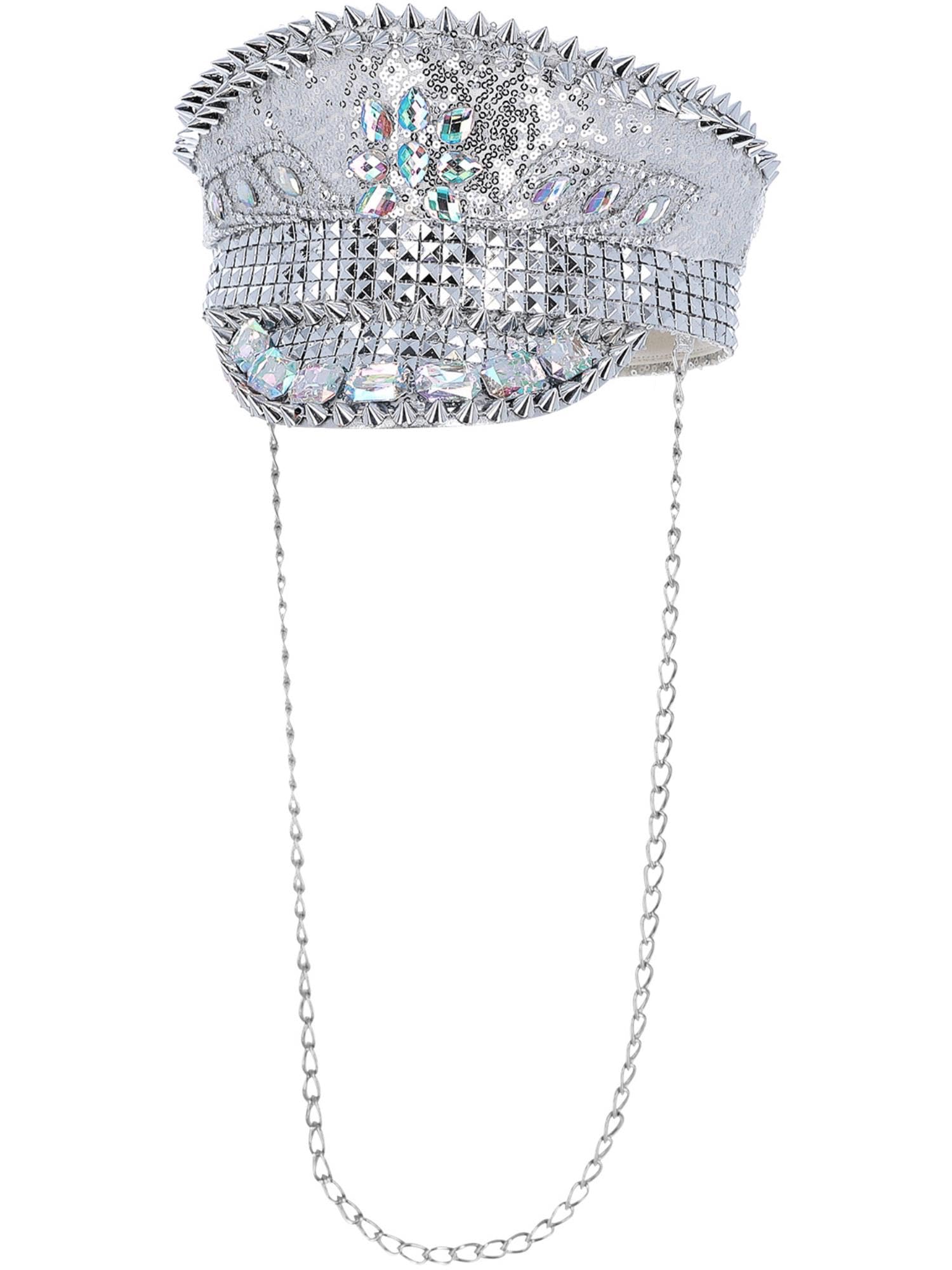 Smiffys Fever Deluxe Sequin Studded Captains Hat, Silver with Chain, Fever Accessories Fancy Dress, Adult Dress Up Hats