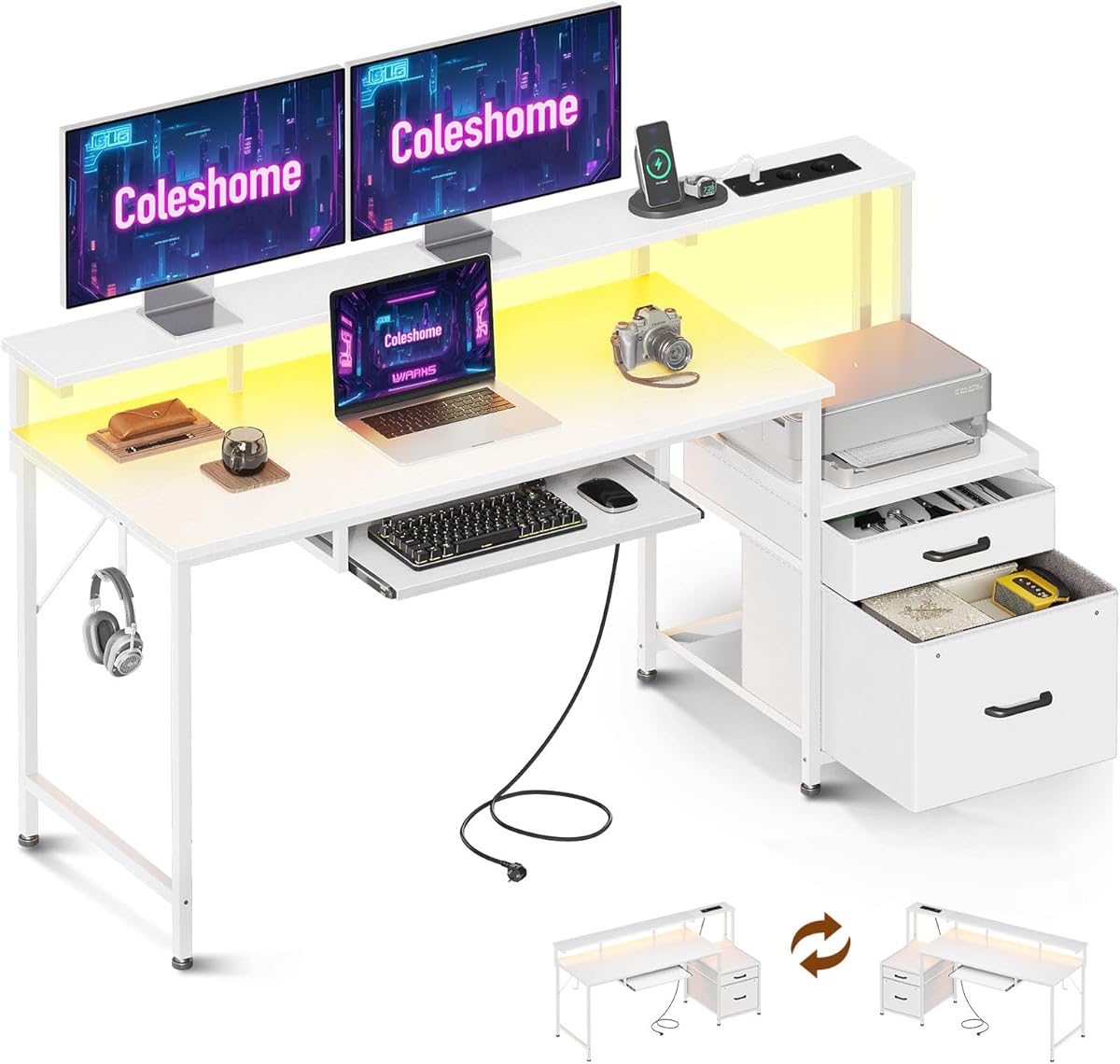 Coleshome Gaming Desk with LED, 140 x 48 cm Desk with Drawers, Fabric Gaming Table with Power Outlets, Computer Table with Home Storage, White : Amazon.fr