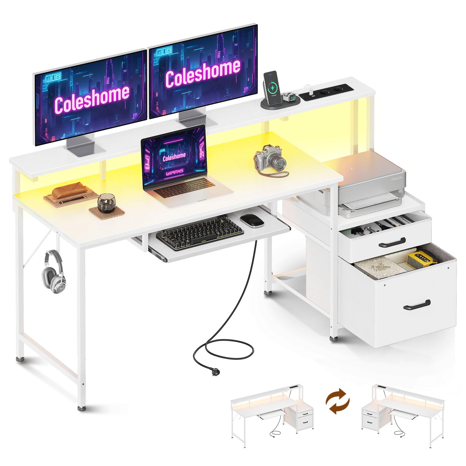 desk per gaming con 2 cassetto e piastra monitorizzabile in vetro per ufficio casa