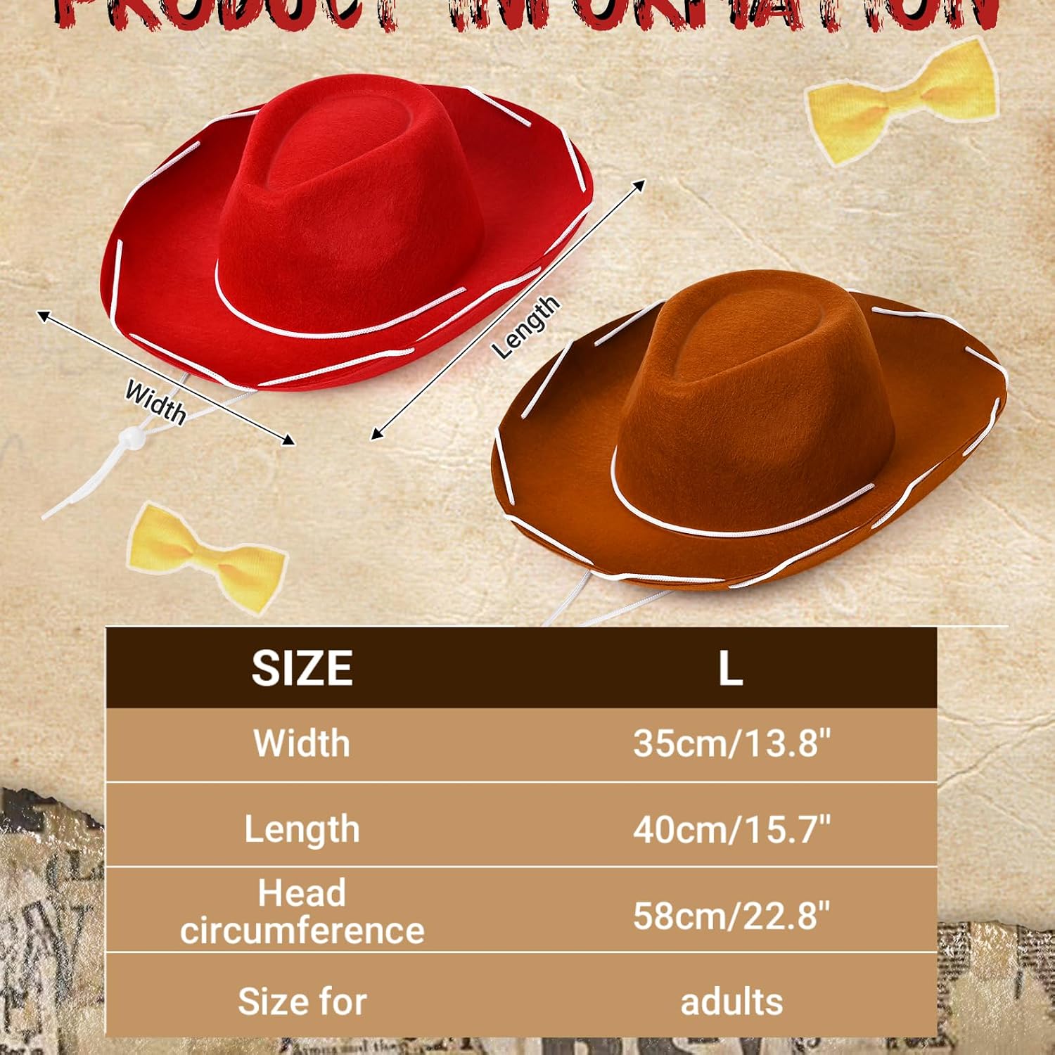 Halloween Cowboy and Cowgirl Couple Costume Include Brown Cowboy Hat,Red Cowgirl Hat,Scarf and Hairband for Men Women Character Dress Up