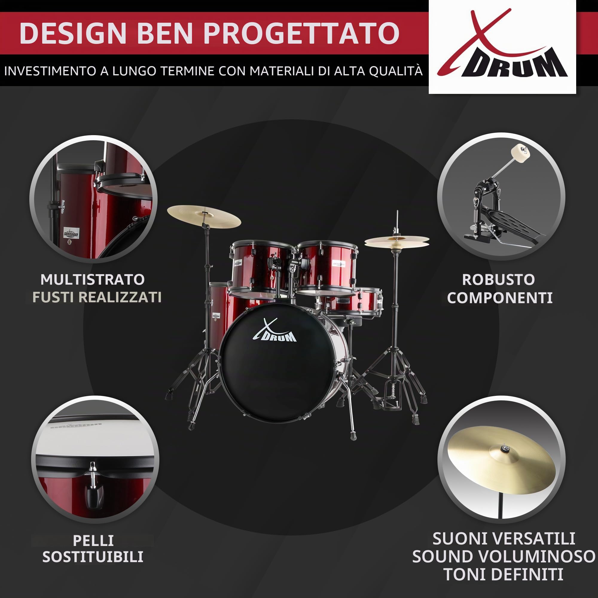 XDrum Rookie 20" Studio Batteria Completa Ruby Red incl. Scuola, 14" tom | Fusti in pioppo acusticamente pregiato con finitura speciale, Hardware nera a doppio rinforzo a 5 pezzi, 14" tom
