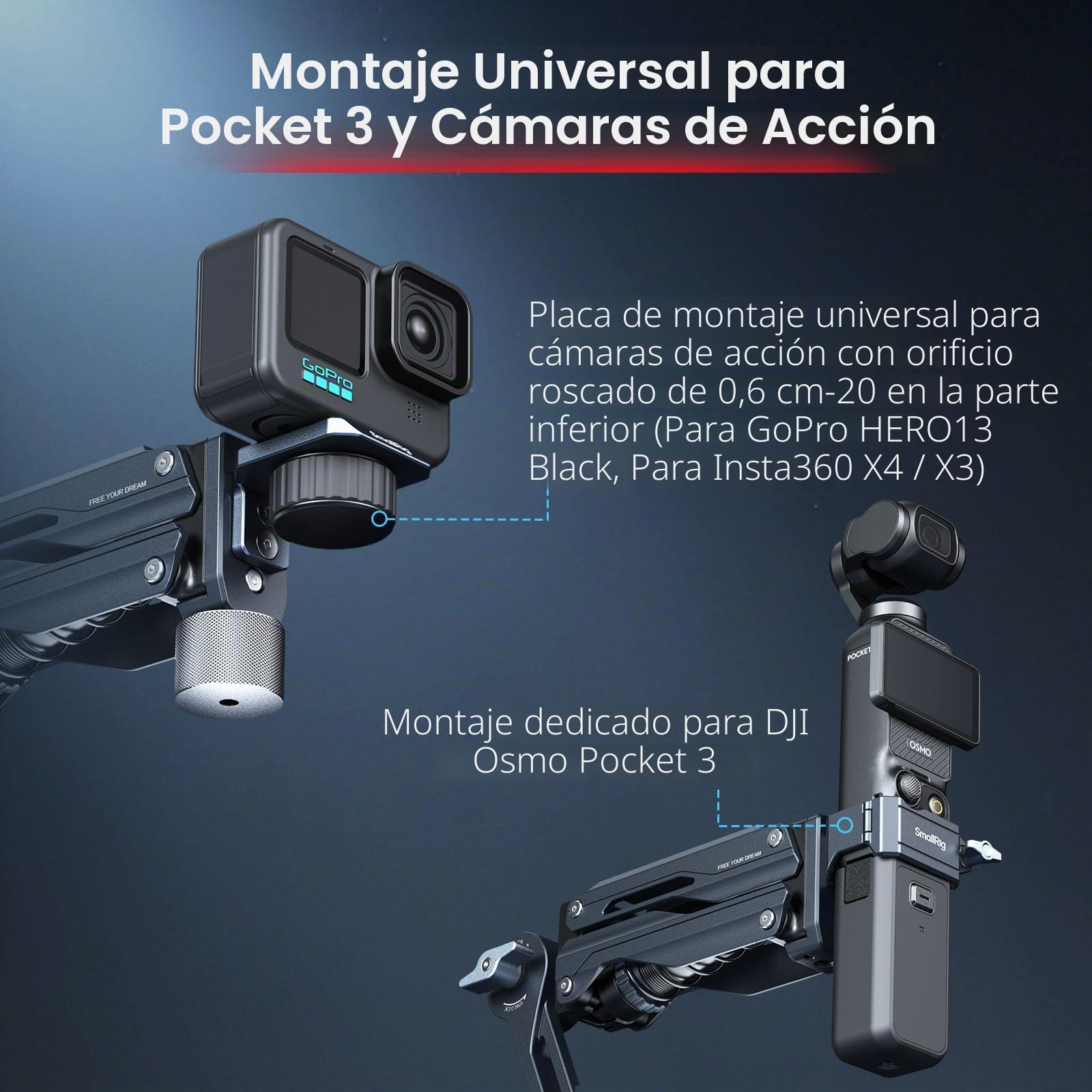 SMALLRIG Brazo Amortiguador Electrónico Mini, Ventosa de 5 Pulgadas, Doble Muelle y Amortiguación Hidráulica, Soporte para Coche para dji Osmo Pocket 4/3/GoPro HERO13/Insta360 X4, con Bolsa - 5507