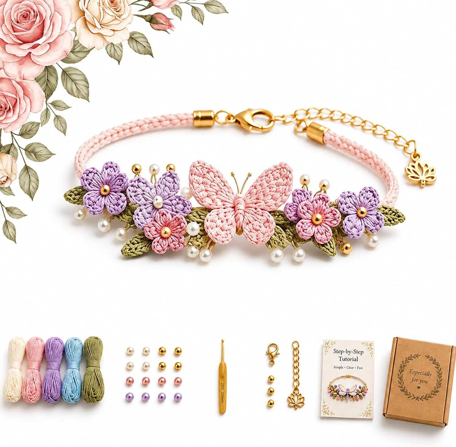 CEFEXP DIY Nature-Inspired Crochet Bracelet Kit, Exquisite 3D Hand-Crocheted Plant and Animal Craft Kit with Yarn, Beads & Pearl Accents for Beginners, Gift for Crocheter,Butterfly Bracelet