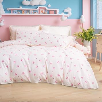 Pink Bow Duvet Cover Queen Size Heart Ribbon Print Coquette Bedding Set 3 Piece Kids Girls Cute Duvet Cover Zipper Closure Soft Breathable Microfiber