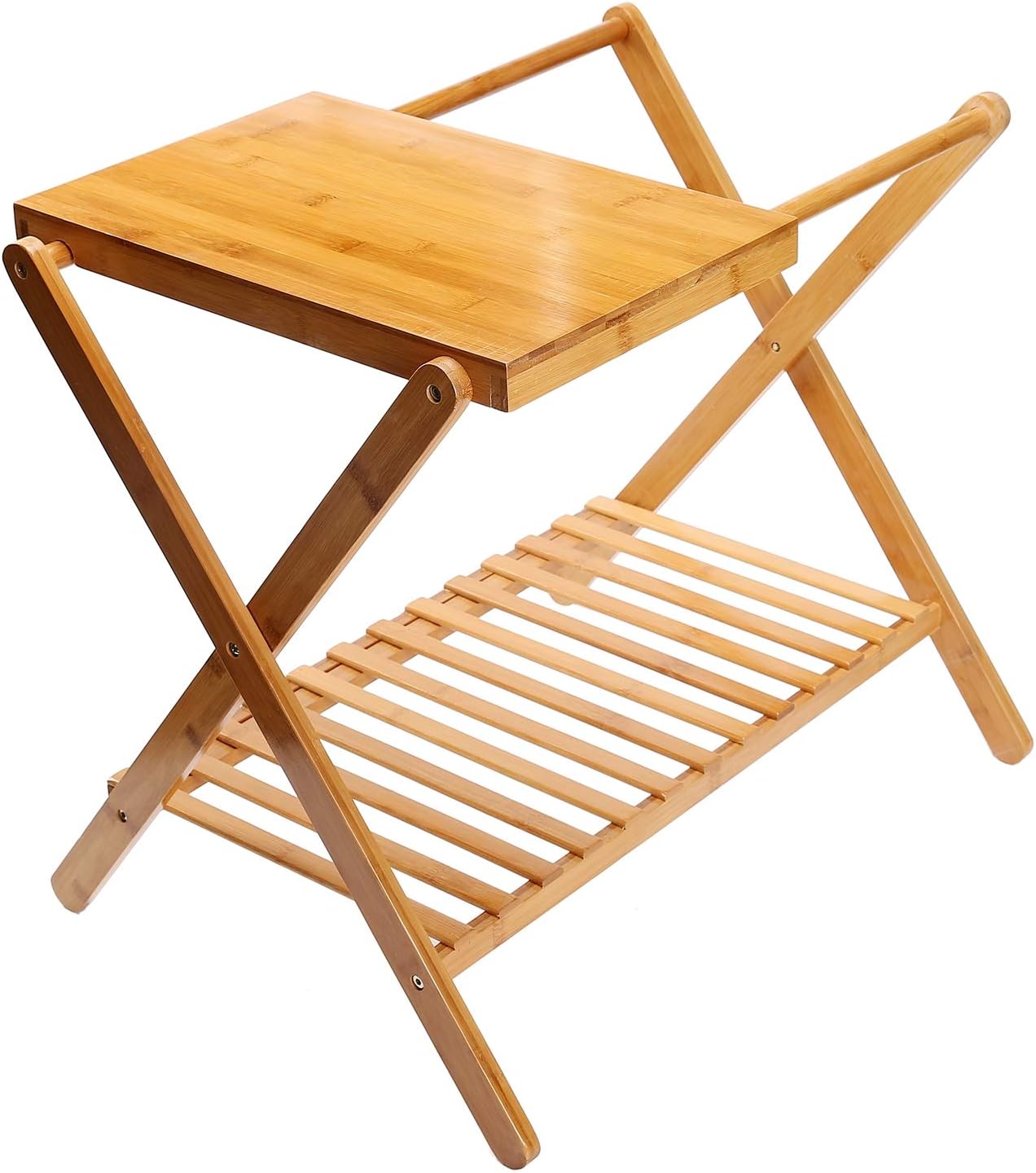 UNKU Folding Luggage Rack with Storage Shelf, Bamboo Suitcase Luggage Stand for Bathroom, Bedroom, Living Room, Guest Room, Natural Color