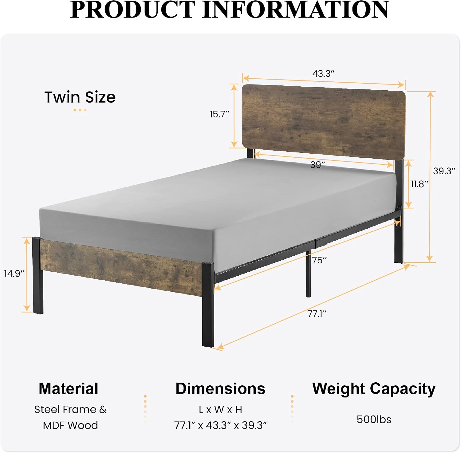 SHA CERLIN Twin Size Metal Platform Bed Frame with Wooden Headboard and Footboard/Rustic Mattress Foundation/No Box Spring Needed/Non-Slip Without Noise/Black&Brown
