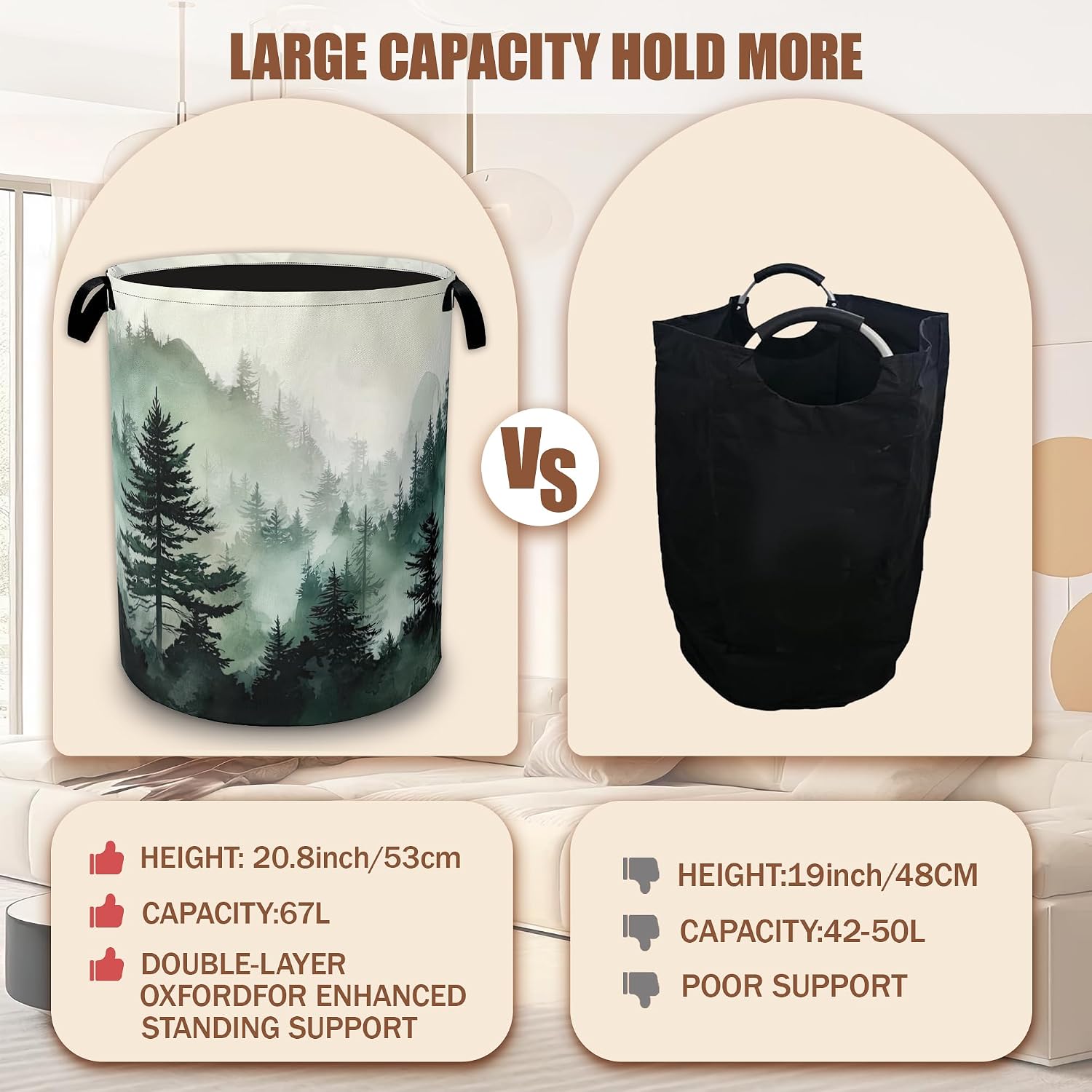 Misty Forest Landscape Laundry Baskets,Laundry Hamper Storage Basket with Handles for Bathroom Bedroom College Dormitory Living Room Nursery Organizer 16"x20.8"