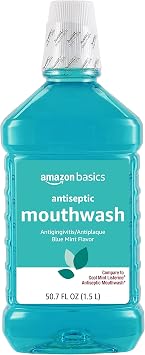 Amazon Basics Fresh Breath Mouthwash, Blue Mint Antiseptic, Fights Bad Breath and Gingivitis, Refreshing, 1.5 Liters, 50.7 Fl Oz, 1-Pack Previously Solimo