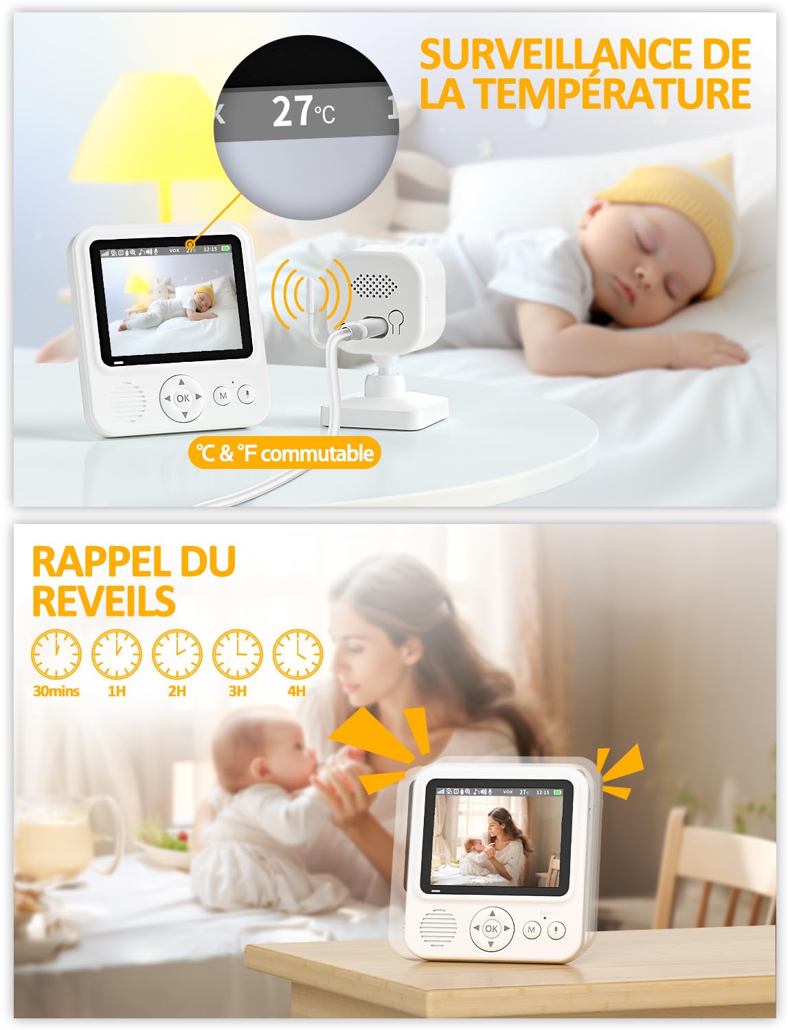OBVHNUA Babyphone Camera 2,8 Pouces Caméra Bebe 720P IPS LCD Baby Phone Vidéo 2000mAh USB-C Moniteur avec 2-4X Zoom VOX Vision Nocturne Communication Bidirectionnelle Capteur de Température Berceuses