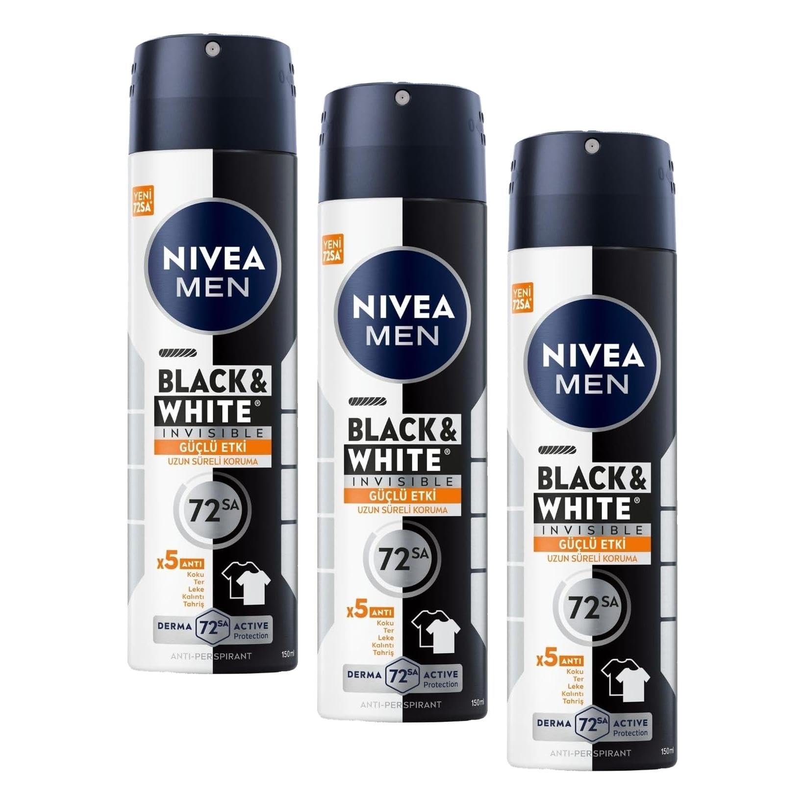 NIVEA MEN Erkek Sprey Deodorant Black&White Invisible Güçlü Etki 150 ml, 72Saat Anti Perspirant Koruma,Kıyafetlerde Leke Karşıtı (3 paketi)
