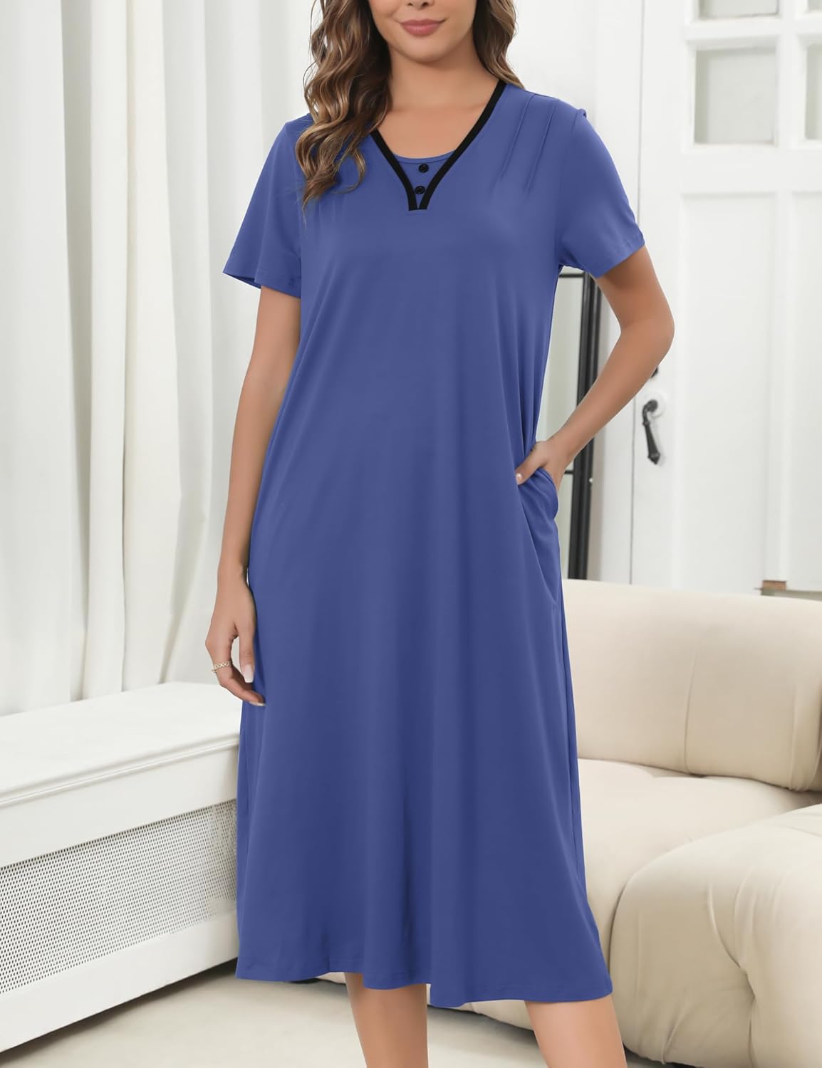 Chunoy Sleepshirt Dress for Womens Short Sleeve Nightgown Button Henley Sleepwear Gown Lounge Night Dress - Image 4