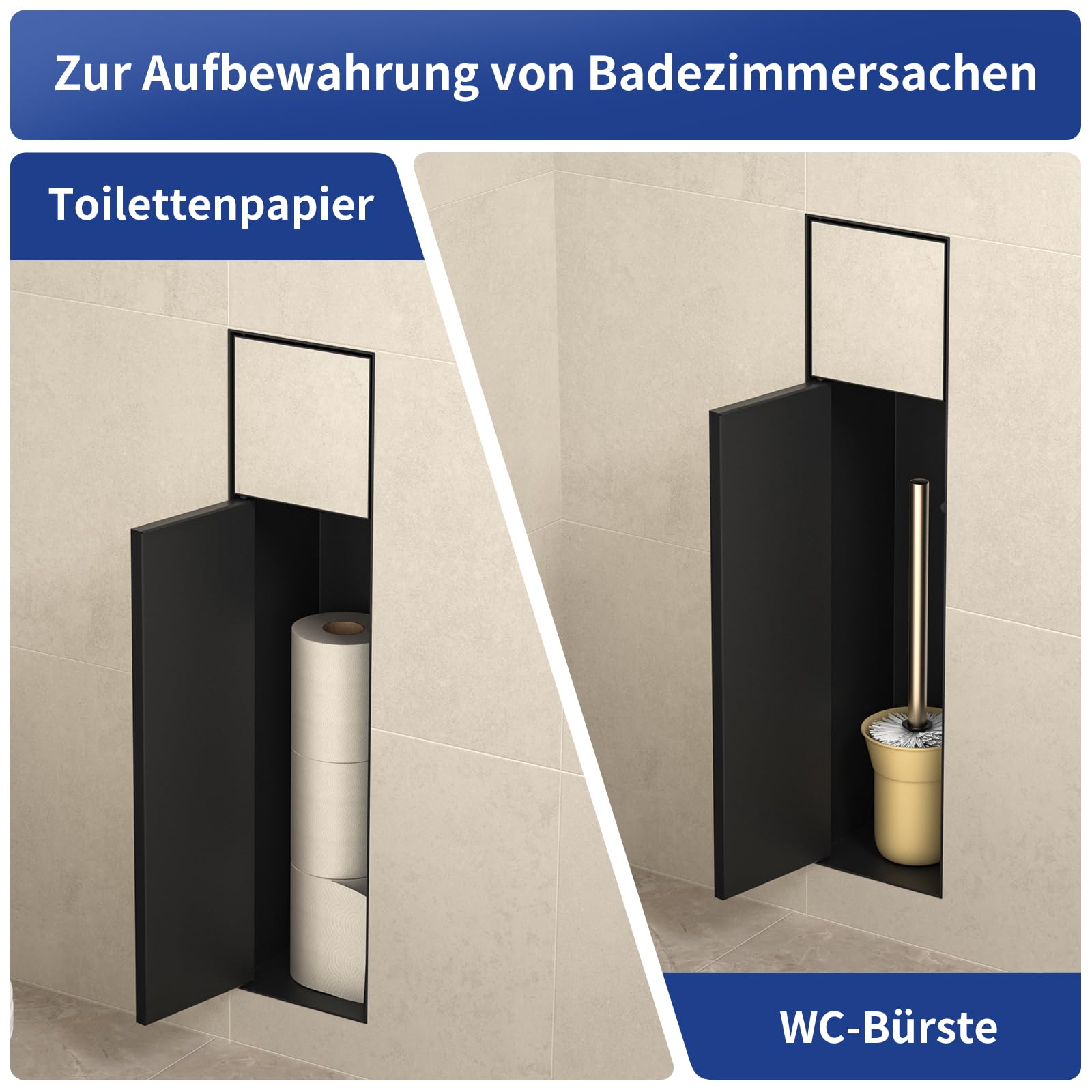 Edelstahl Unterputz Toilettenpapierhalter, Klopapierhalter mit Aufbewahrung Bietet Platz für Neue Rollen/Klobürstengarnitur, WC Papier Halterung für Toilette, 63×15×15cm, Schwarz