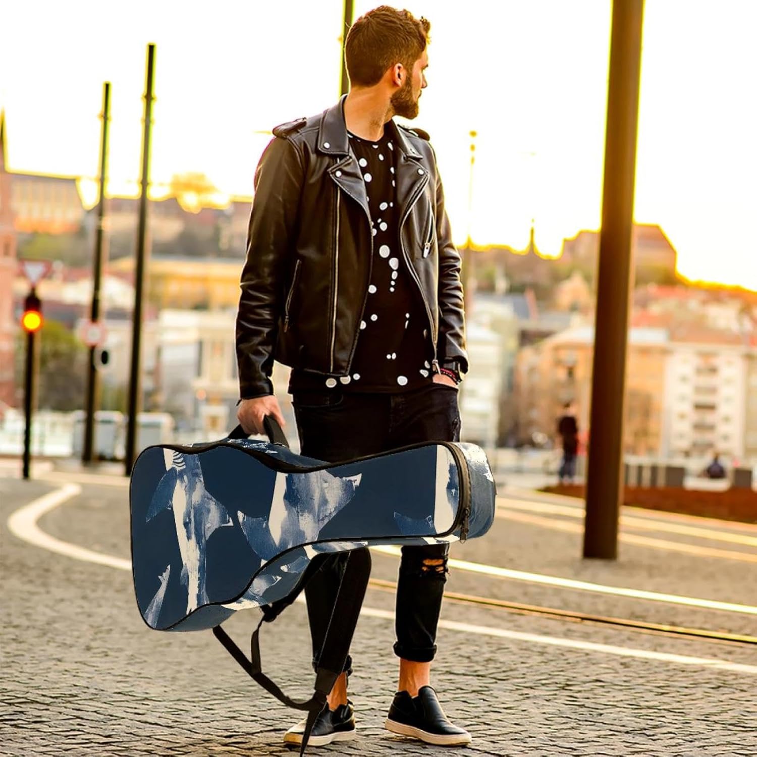 Acoustic Guitar Bag 0.4 Inch Thick Padding Waterproof Guitar Case Gig Bag for 40 41 42 Inch Electric Bass Classical Guitar, Sharks Seamless Pattern