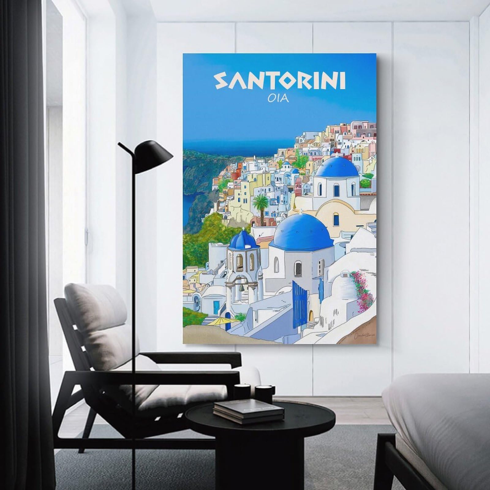Junmoney Hanging Wall Art Santorini Oia Greece Travel Illustration, 24x36inch(60x90cm), for Living Room, Bedroom Or Apartment Walls, Decorative Artwork for Empty Walls