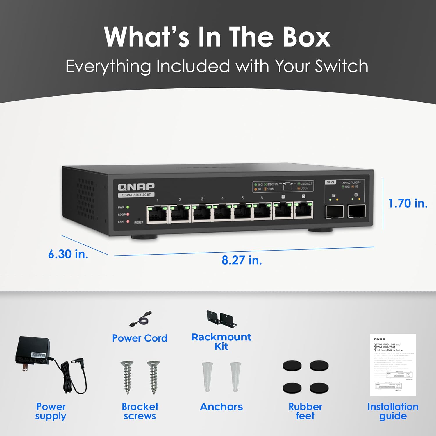 QNAP 8-Port Multi-Gig 10GbE Lite-Managed Network Switch (QSW-L3208-2C6T-US) – 6× 10/5/2.5/1G RJ-45, 2× SFP+/RJ-45 Combo