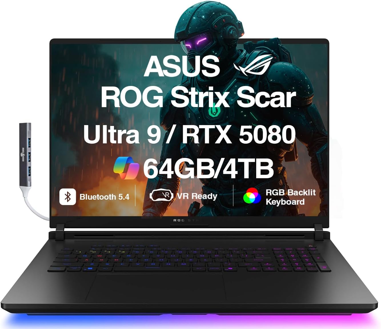 ASUS ROG Strix Scar AI Gaming Laptop 18" 240Hz Mini LED WQXGA Display (Intel Ultra 9-275HX, GeForce RTX 5080 16GB, 64GB DDR5, 4TB PCIe SSD, RGB KB, Win 11 Pro) w/DKZ USB Port Expander