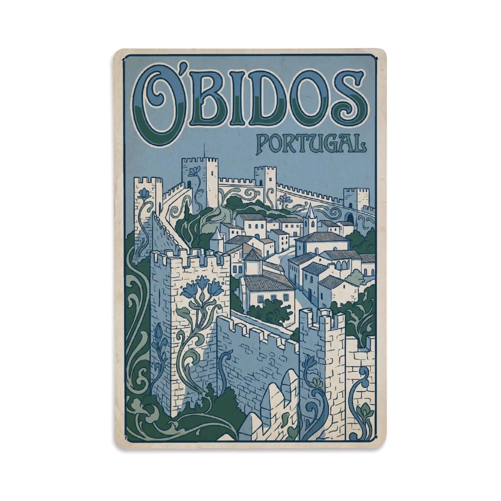 Portugal Obidos Vintage Metal Tin Sign Plaque Wall Decor for Cafe, Club Bar, Office, Garden Metal Poster 8x12Inch