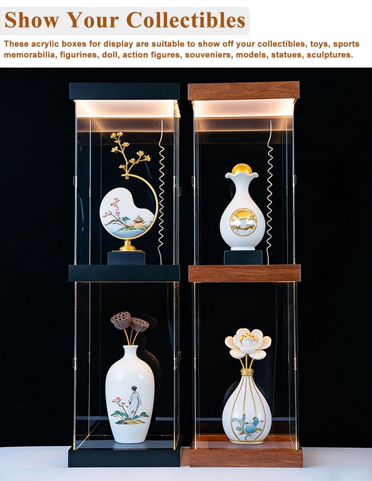 Vitrina Expositora Vitrina de Acrílico para Maquetas de Barcos | Caja Expositora Transparente Antipolvo, Vitrina de Acrílico con Base de Madera e Iluminación LED