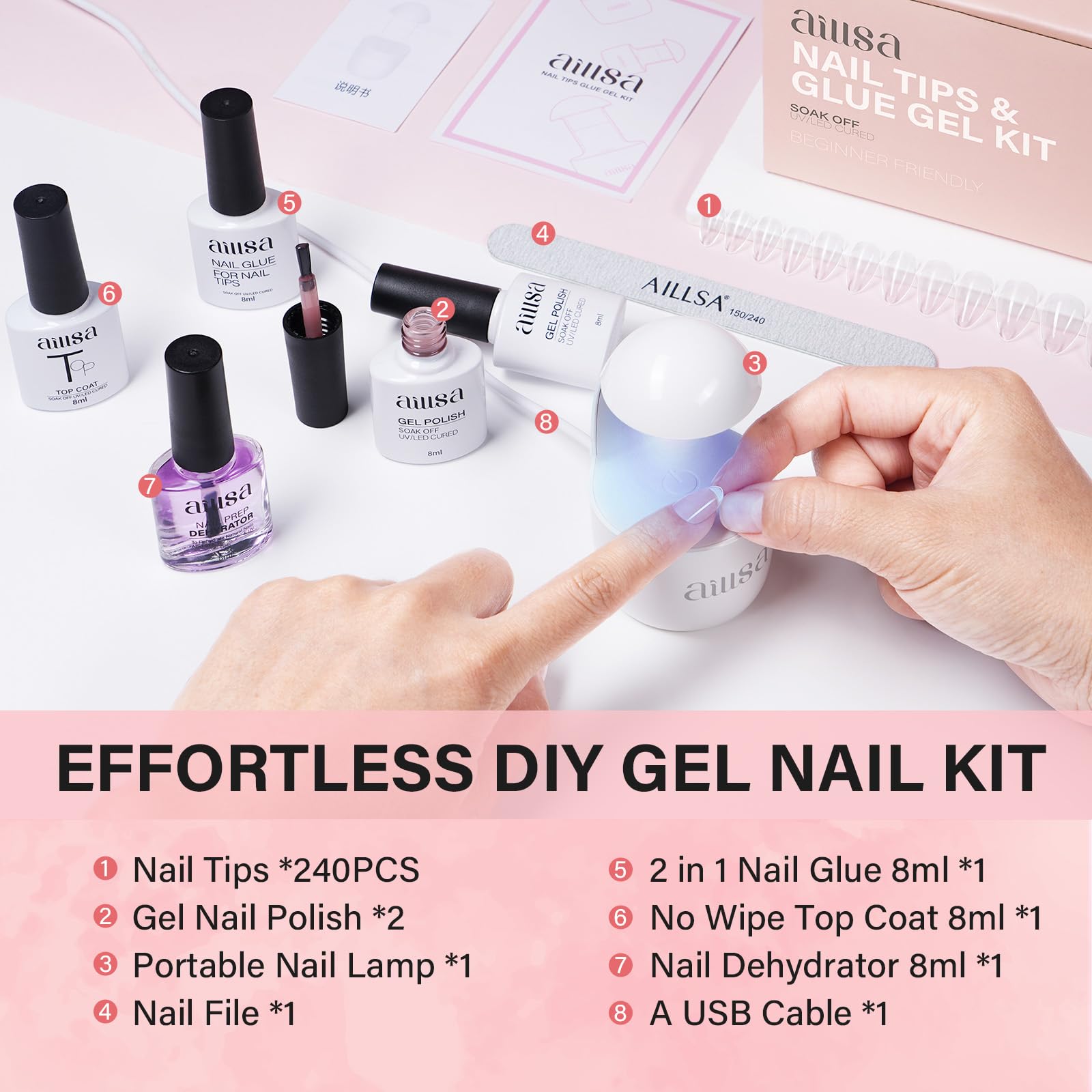AILLSA Kit de uñas de gel de punta corta 240 piezas con base de pegamento 2 en 1 y secador de uñas, kit de uñas postizas con top coat UV para principiantes.
