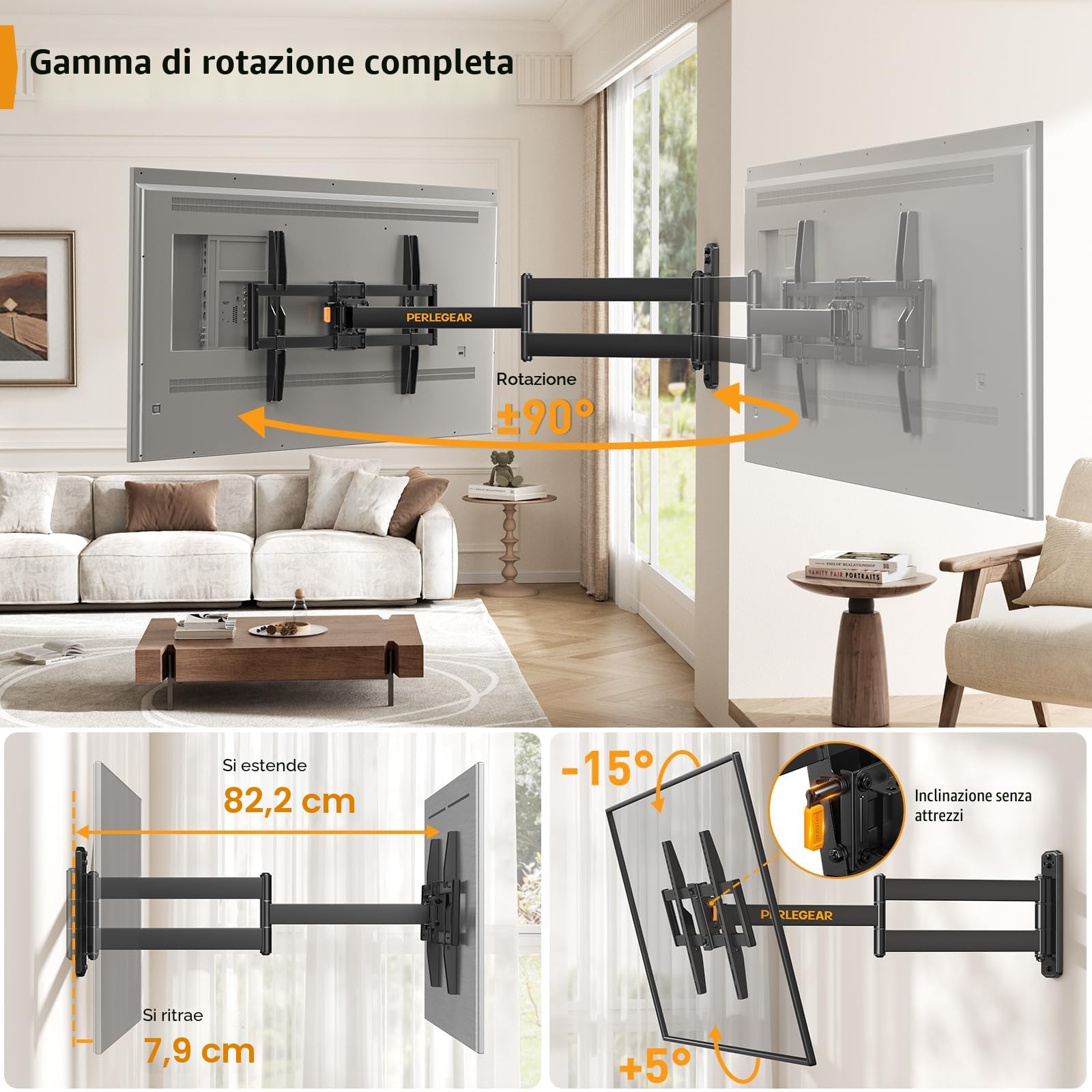 Perlegear Supporto TV Parete Braccio Extra Lungo 822mm 32-75 Pollici 45 kg Girevole Inclinabile Orientabile VESA 600x400mm