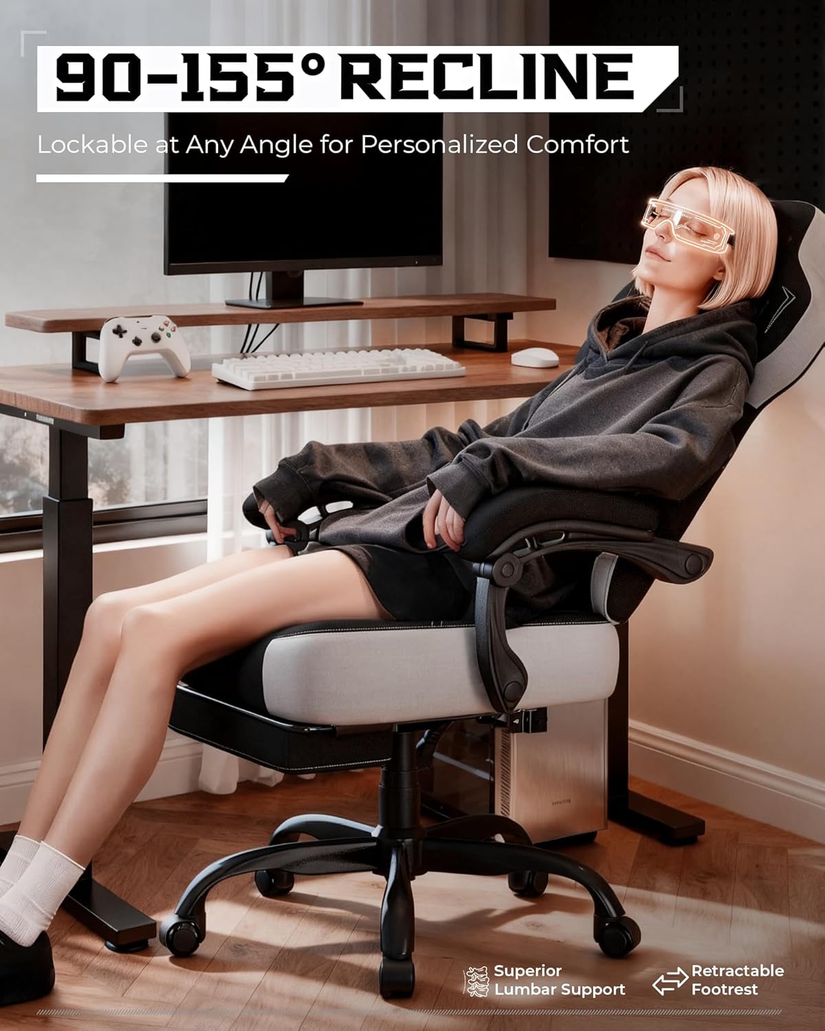 GTPLAYER Gaming Chairs for Adult - Ergonomic Big & Tall Gaming Seat with Footrest & Lumbar Support, Comfortable Office Chair 90-155° Reclining - Heavy Duty Wide Computer Seat, Black - Image 5