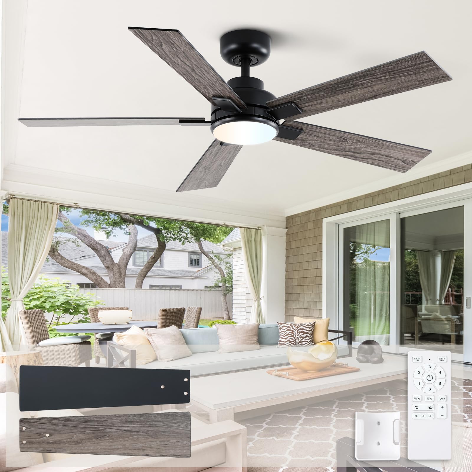 Wellspeed Ceiling Fans with Lights - 52 inch Black Cover Outdoor Ceiling Fan with Light and Remote, Reversible DC Motor, 6-Speed Quiet 3CCT LED Dimmable for Bedroom, Indoor and Cover Outdoor
